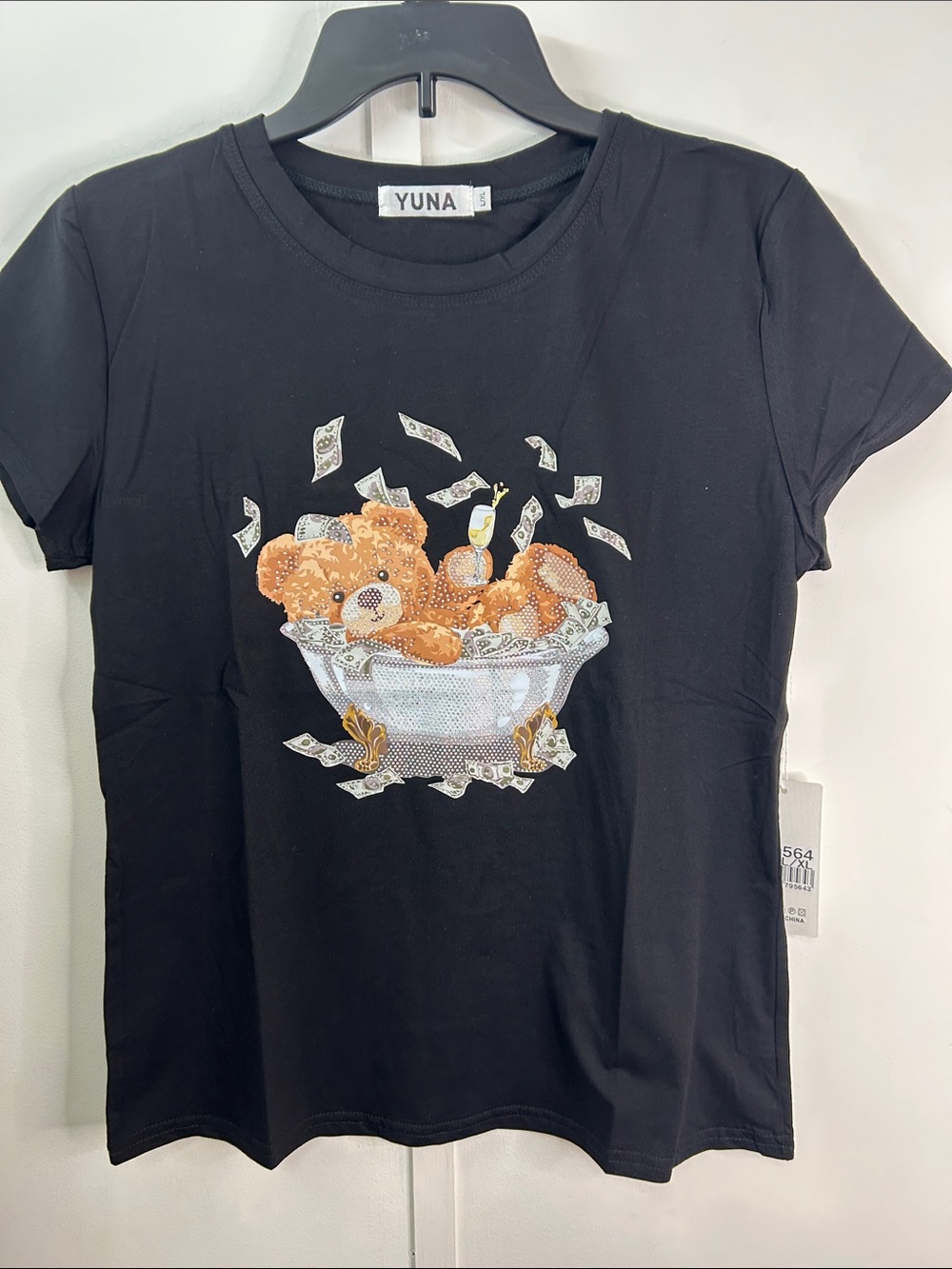 Women's Black Teddy Bear Graphic Short Sleeve Tee